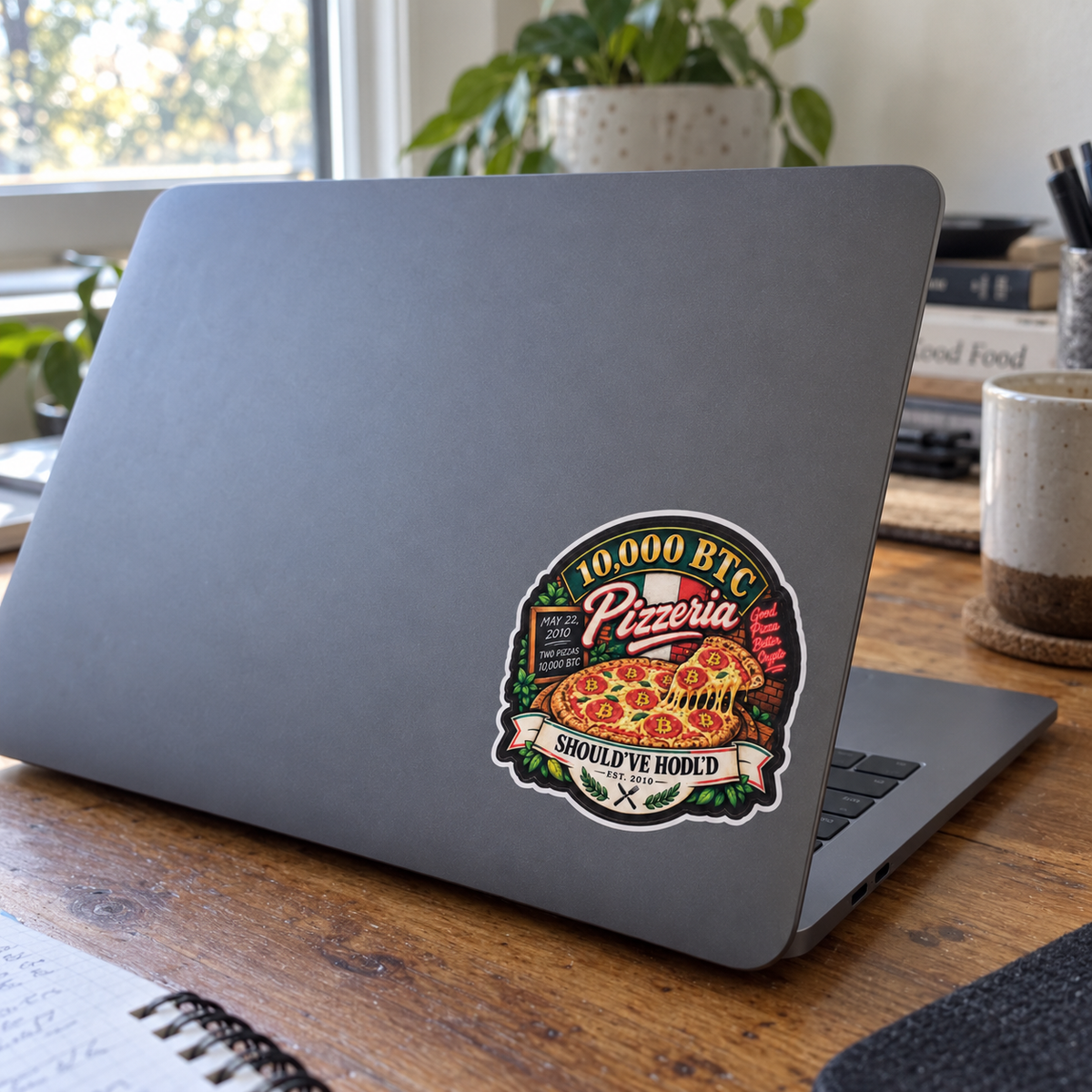 Bitcoin Pizza Day sticker on a space gray laptop at a home desk