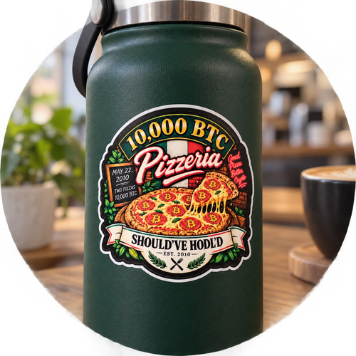 Bitcoin Pizza Day sticker displayed on a green insulated water bottle