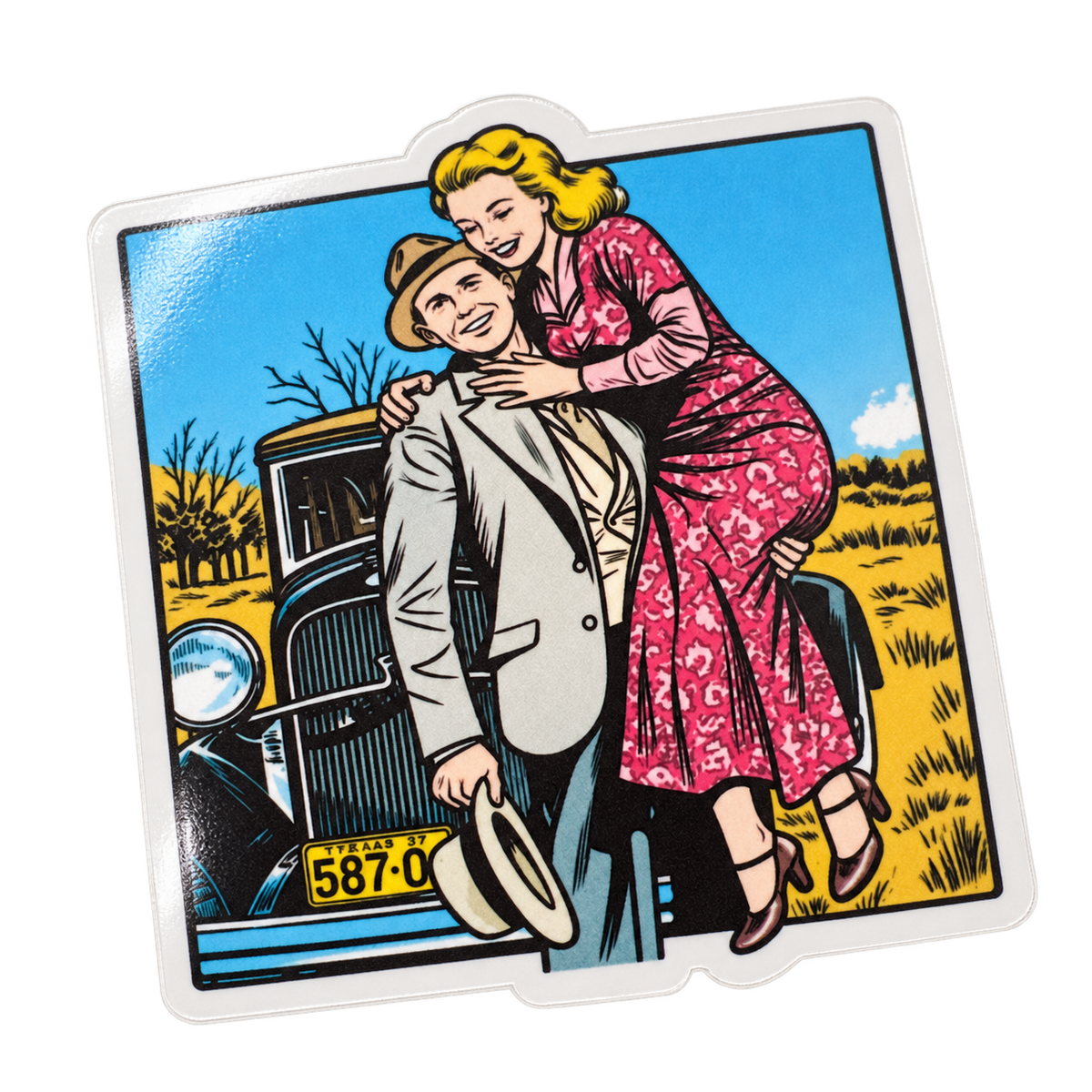 Close-up of the glossy laminated finish and die-cut edge of the Bonnie and Clyde sticker