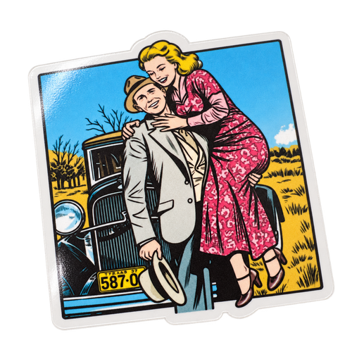 Close-up of the glossy laminated finish and die-cut edge of the Bonnie and Clyde sticker