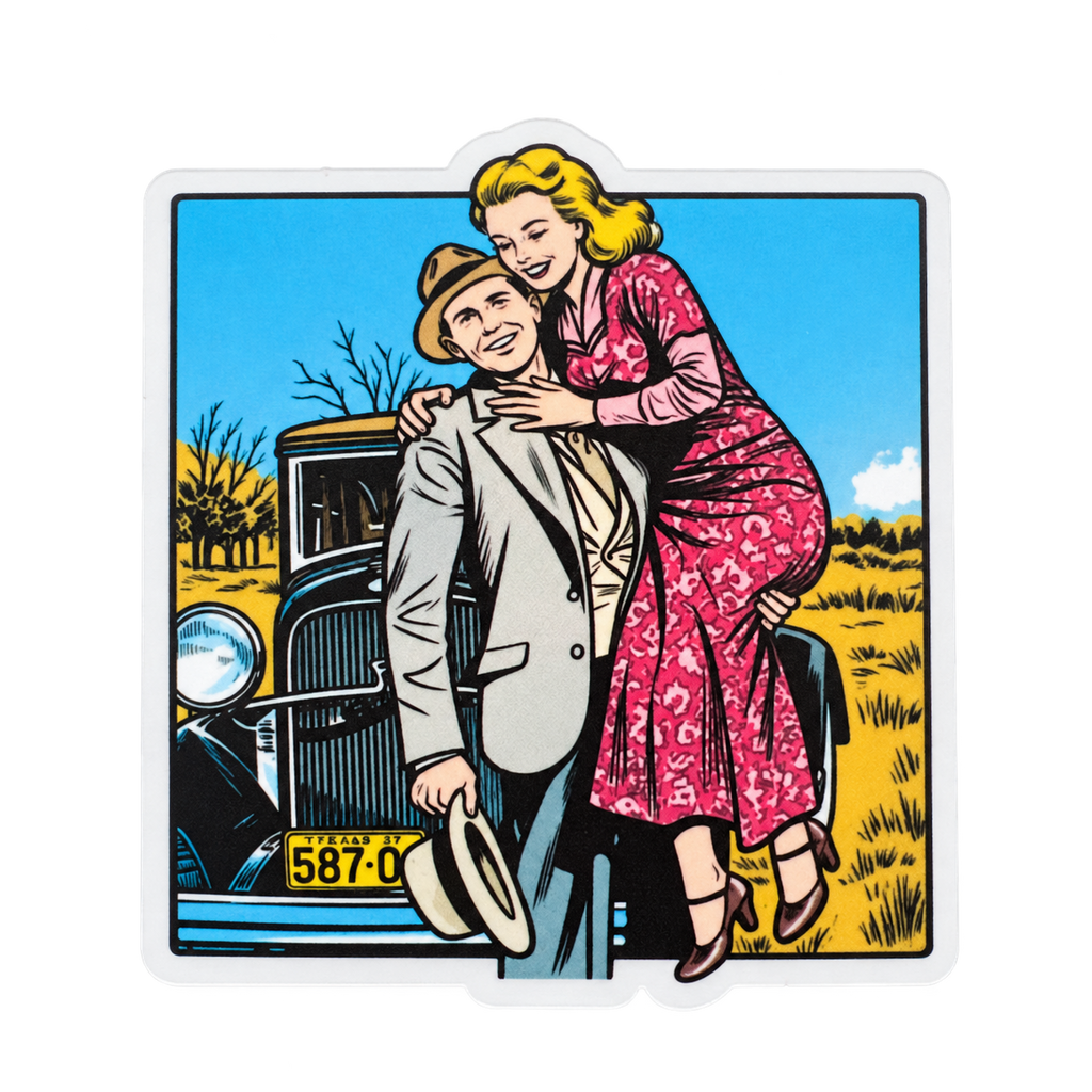 Bonnie and Clyde classic car sticker on a clean background