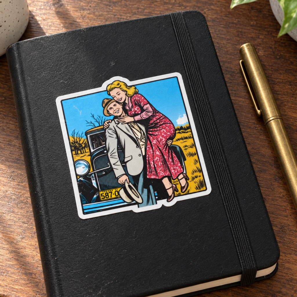 Bonnie and Clyde classic car sticker displayed on a black notebook