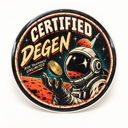 Certified Degen astronaut trading sticker on a clean studio background