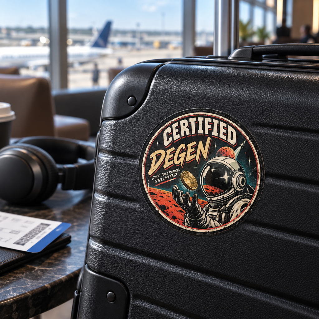 Certified Degen astronaut sticker displayed on a hard-shell travel case