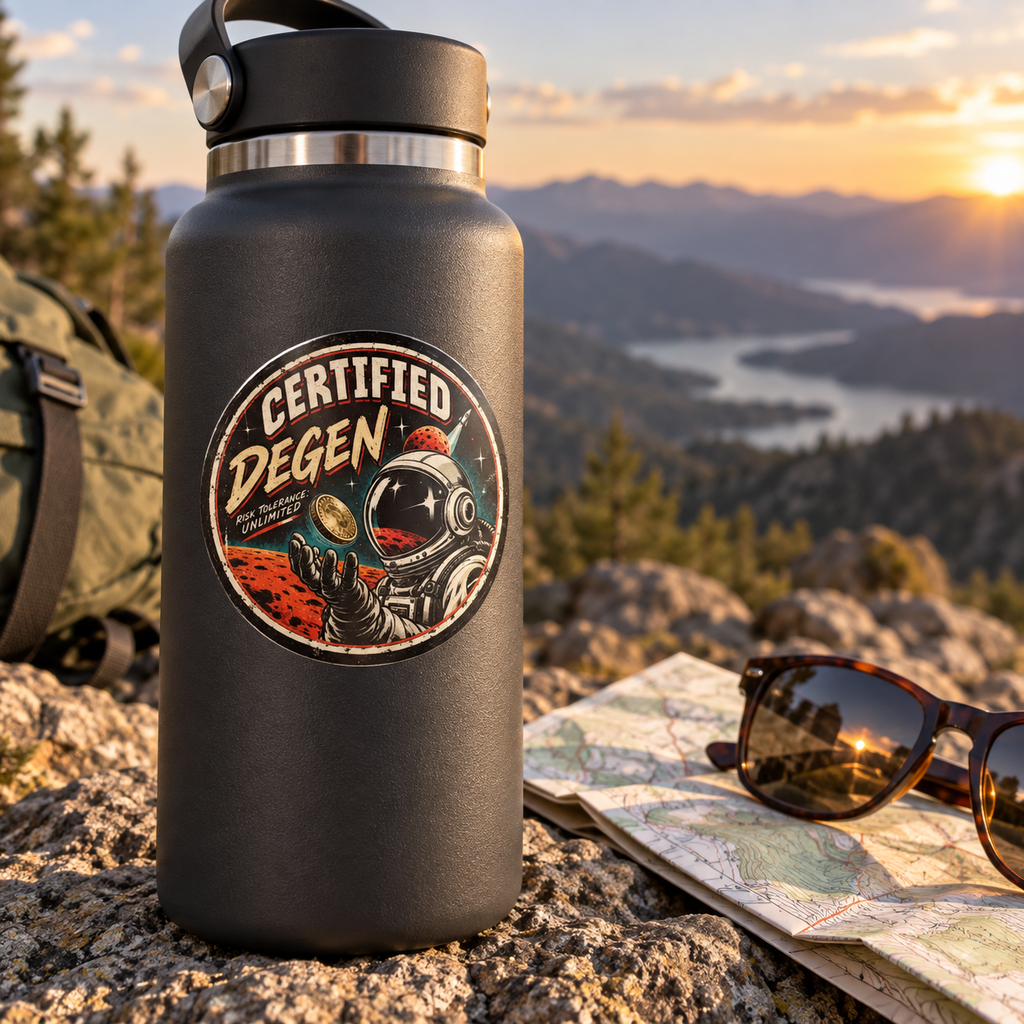 Certified Degen astronaut sticker displayed on a water bottle at a mountain overlook