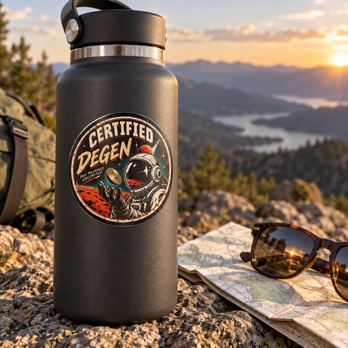 Certified Degen astronaut sticker displayed on a water bottle at a mountain overlook