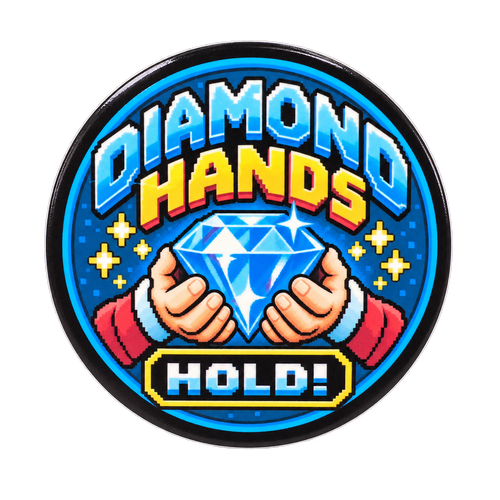 Diamond Hands HODL round glossy trading sticker on a clean background