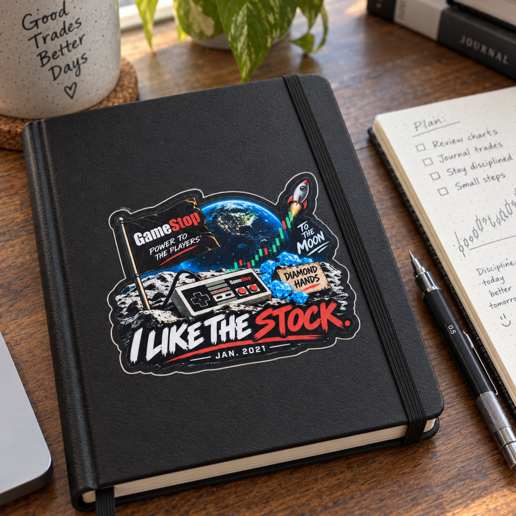 I Like the Stock sticker displayed on a black trading journal