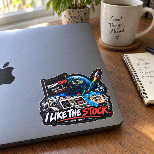 I Like the Stock sticker displayed on a space gray laptop