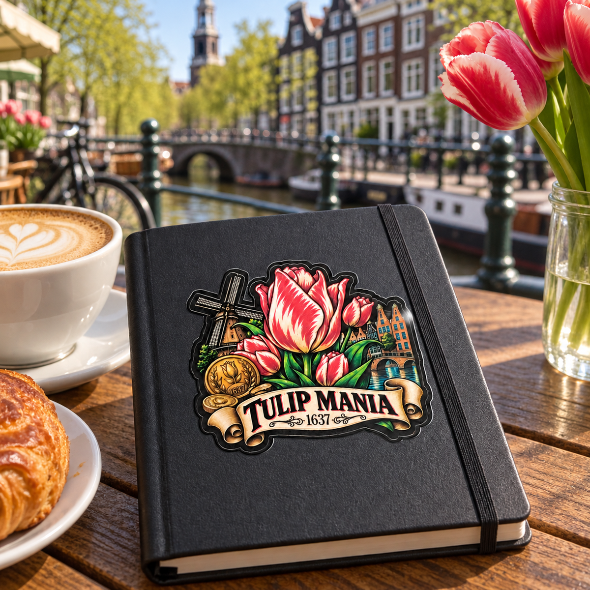Tulip Mania sticker displayed on a black journal at an Amsterdam canal cafe