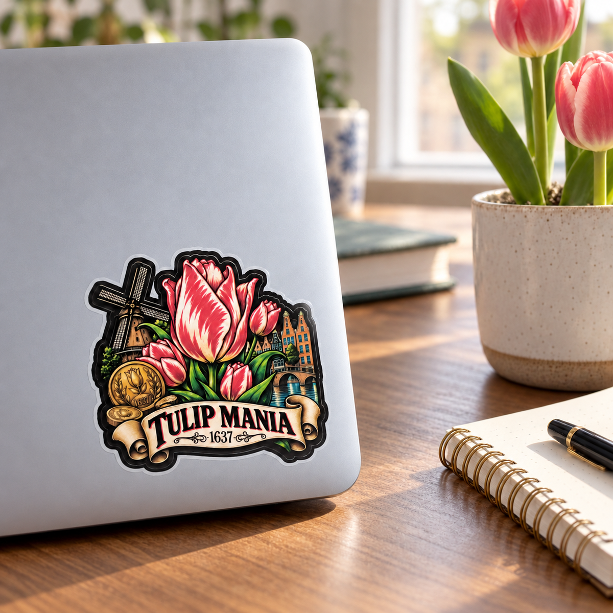 Tulip Mania sticker displayed on a silver laptop in a complete home-office scene