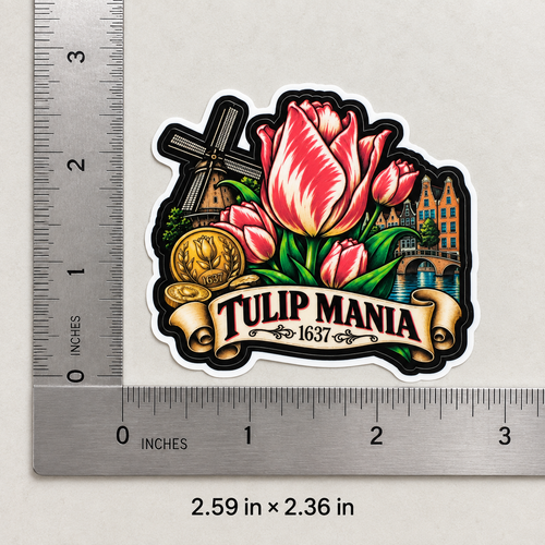 Tulip Mania sticker dimensions shown with rulers, 2.59 by 2.36 inches