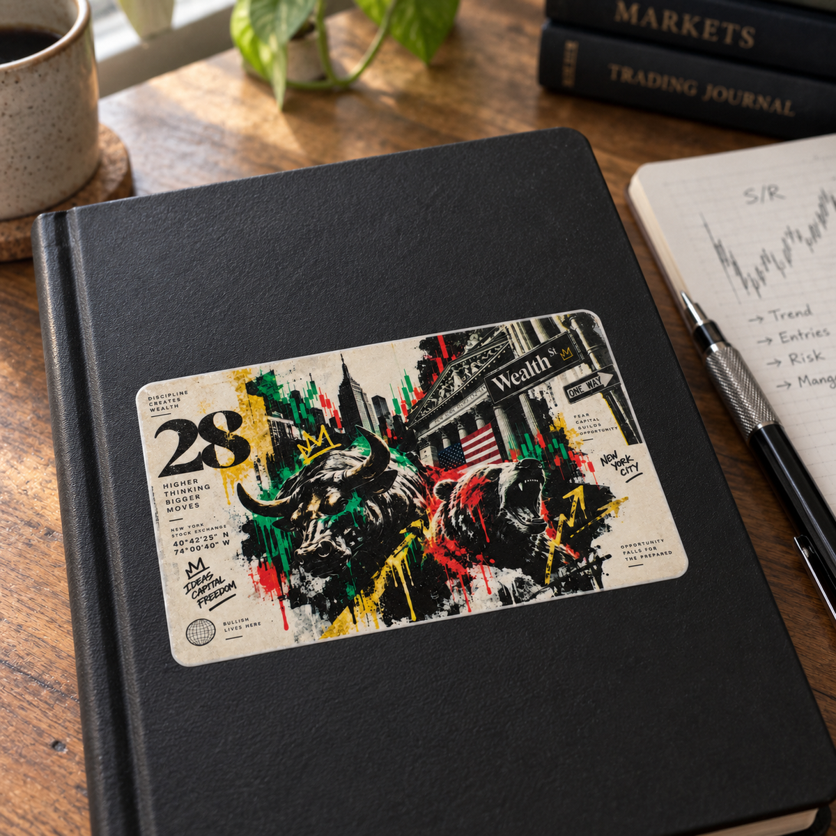 Wall Street bull and bear sticker displayed on a black trading journal