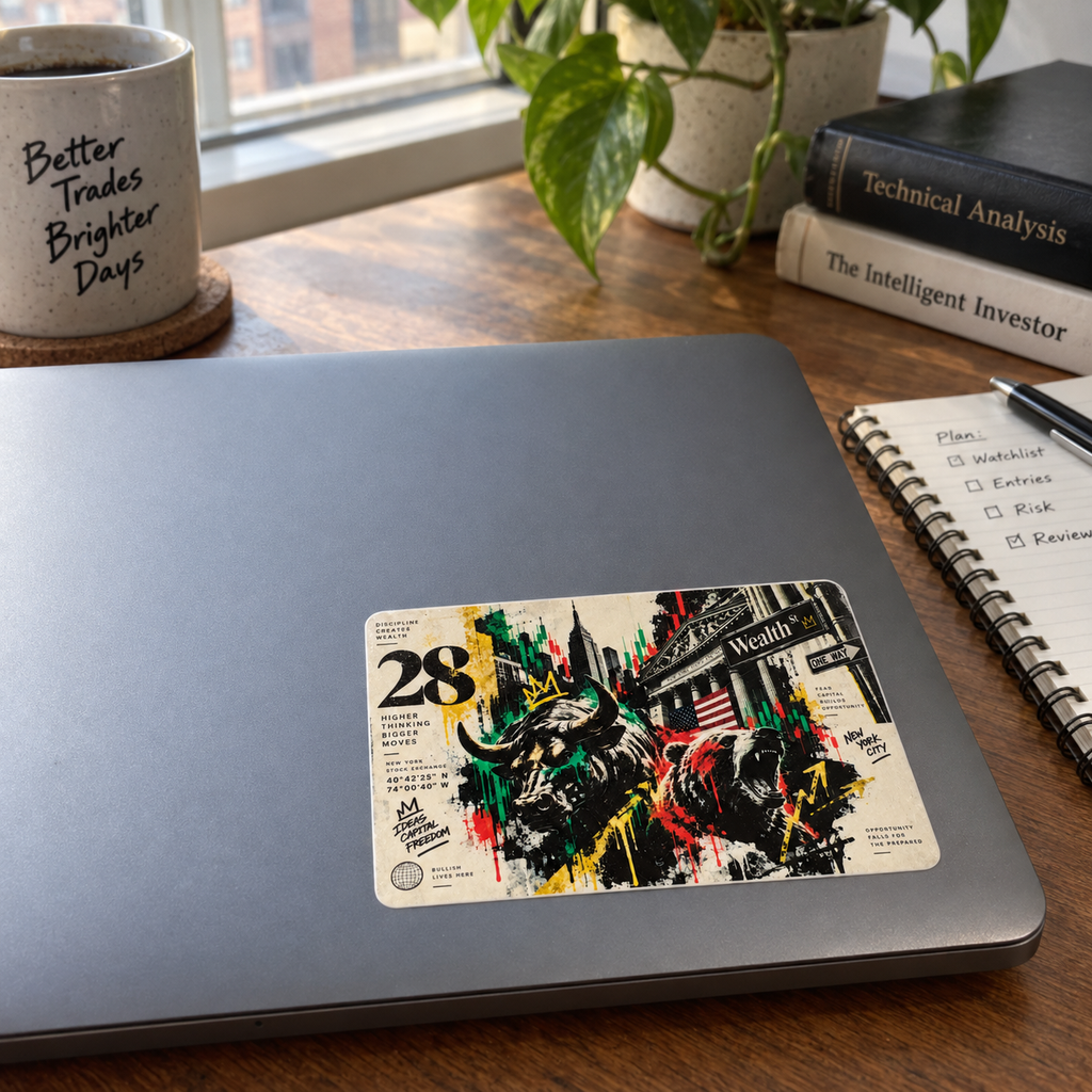 Wall Street bull and bear sticker displayed on a space gray laptop