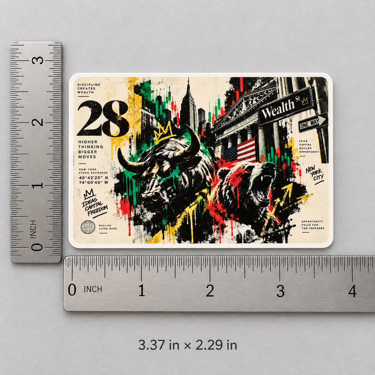 Wall Street bull and bear sticker size shown with rulers, 3.37 by 2.29 inches