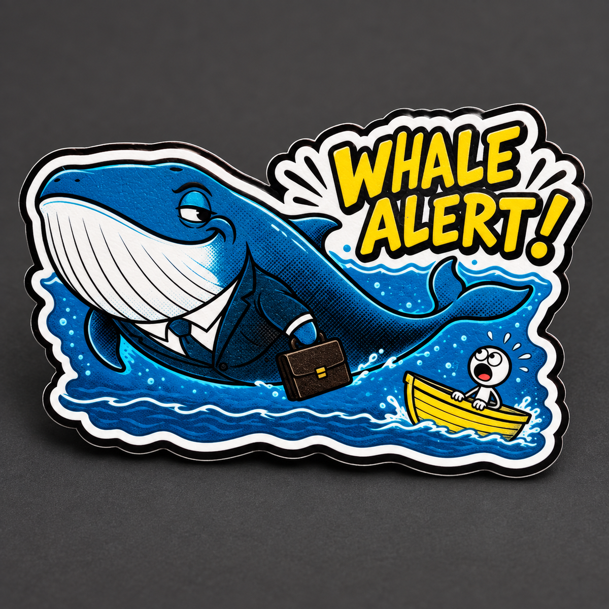 Styled close detail of Whale Alert sticker on charcoal gray studio surface