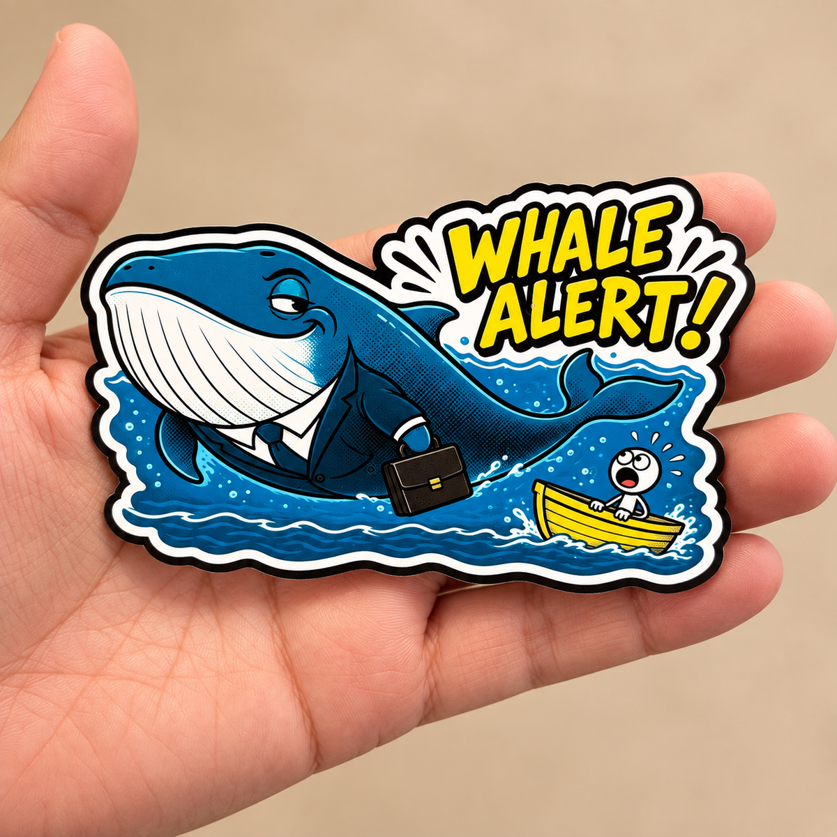 Styled studio version of Whale Alert sticker held in hand for scale