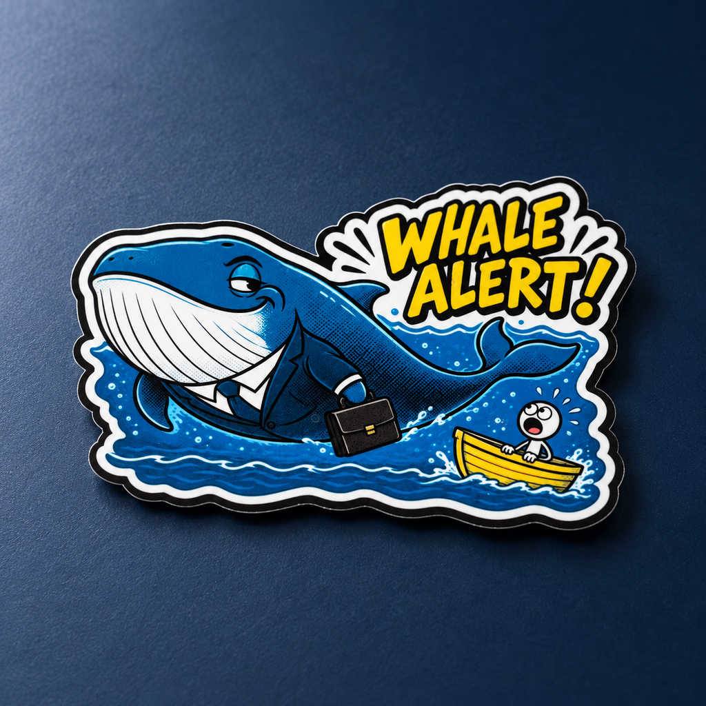 Styled Whale Alert die-cut sticker on a navy studio background