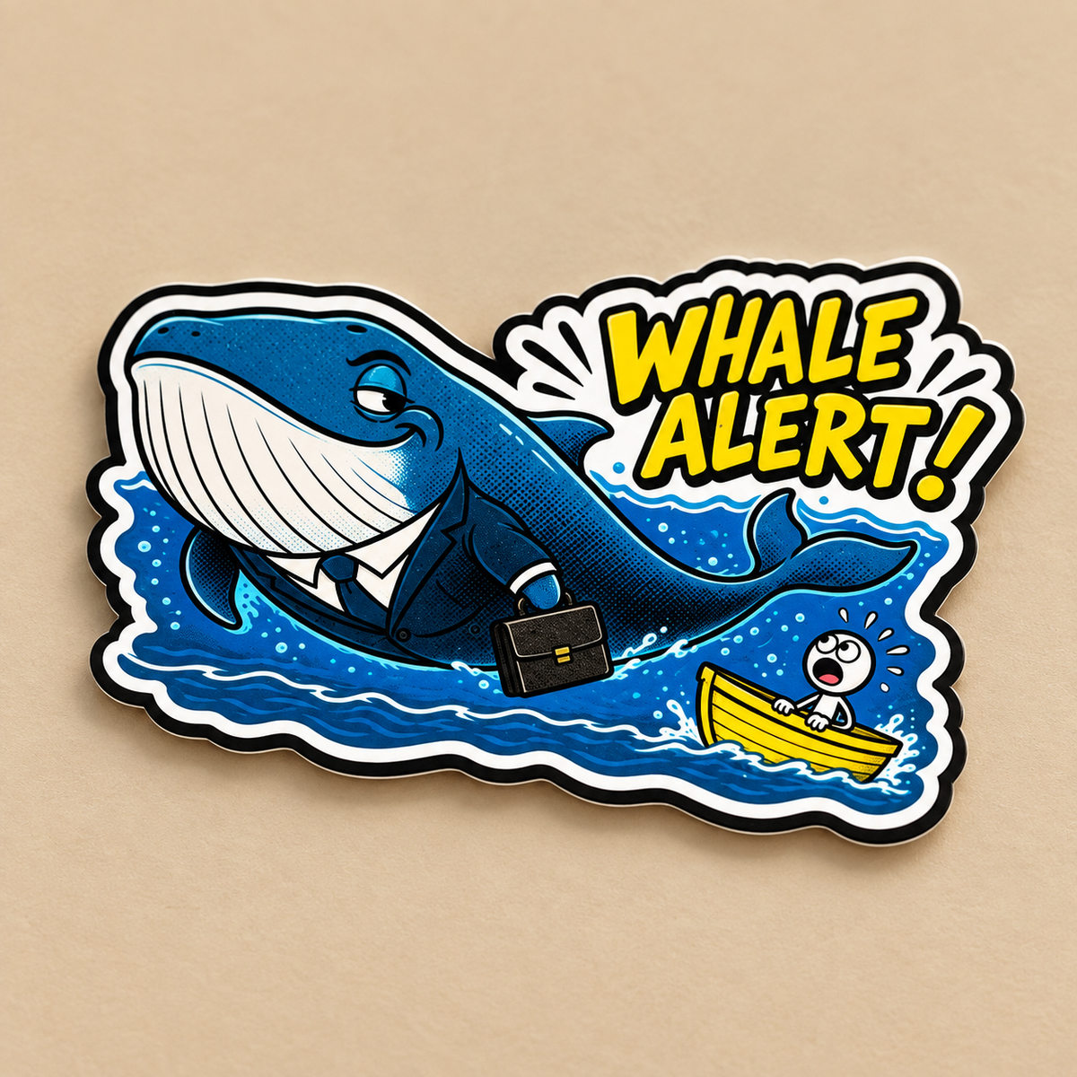 Styled Whale Alert sticker on warm beige surface with realistic contact shadow